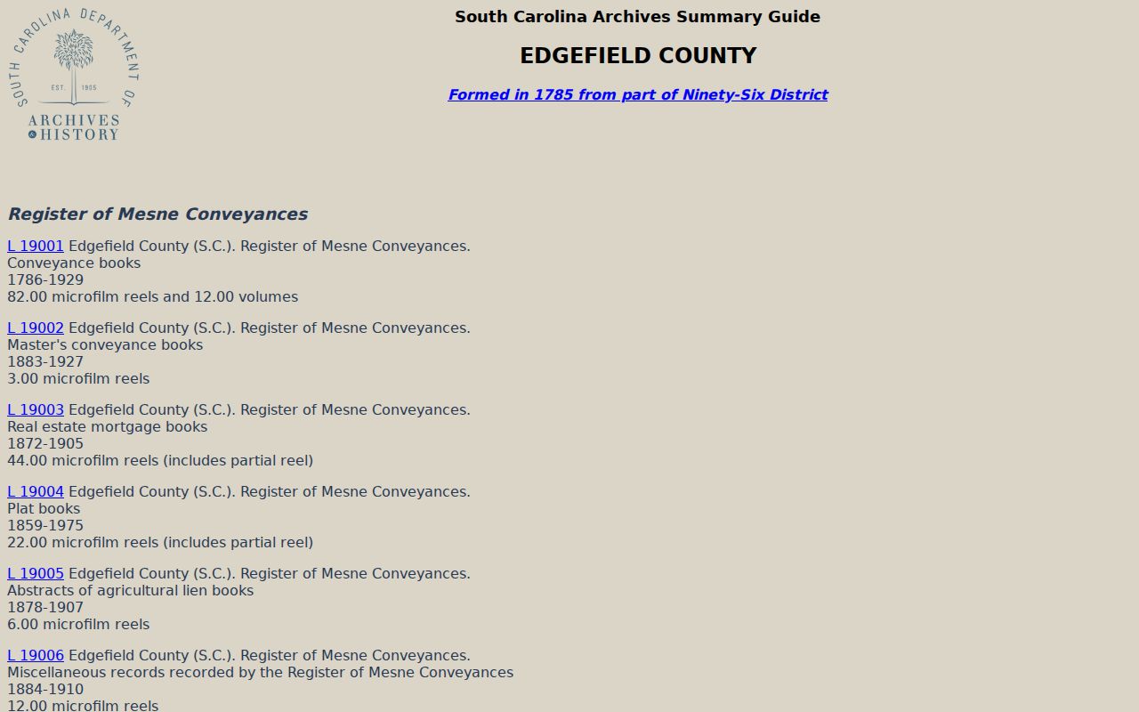Edgefield criminal records in the South Carolina Archives county guide