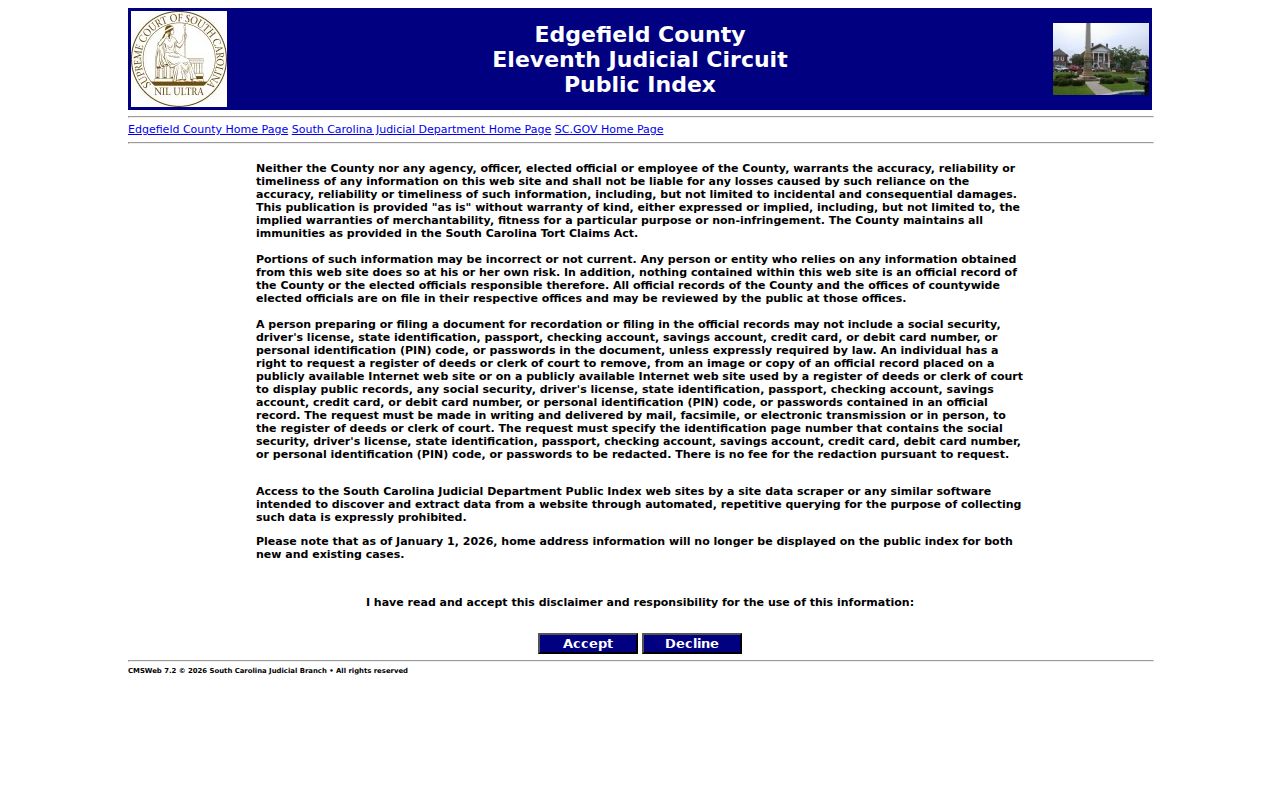 Edgefield County criminal court cases Public Index interface