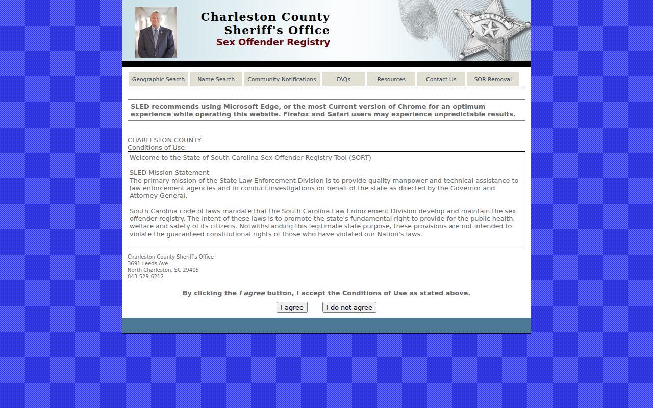 Edgefield County sex offender registry SORT conditions of use