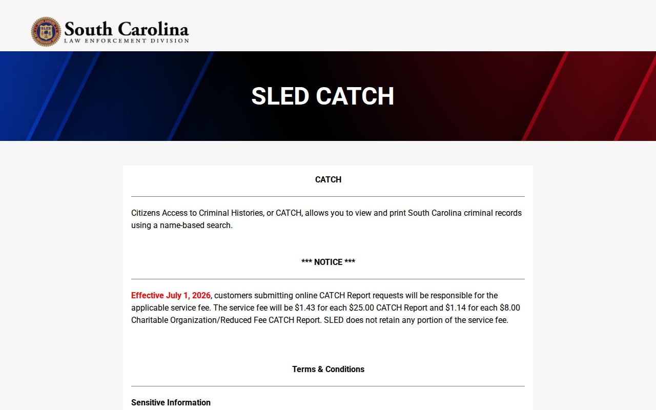 Edgefield County criminal history search through SLED CATCH